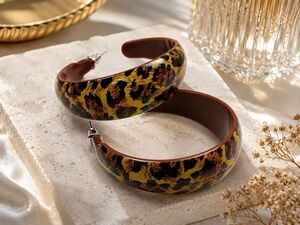 Vintage 1980s Leopard Wide Acrylic Hoop Earrings Retro Lightweight Statement